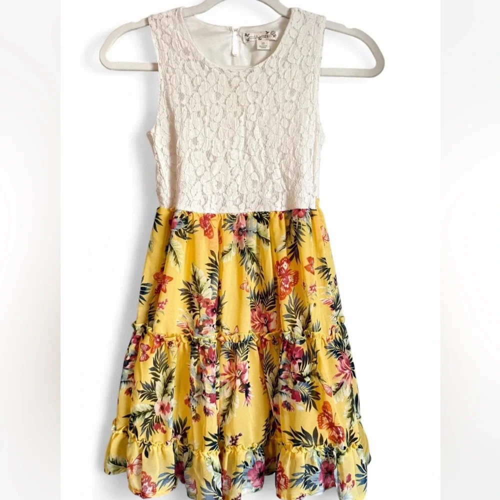 Knitworks Girls Size 10 Yellow floral tiered‎ dress with white lace top
